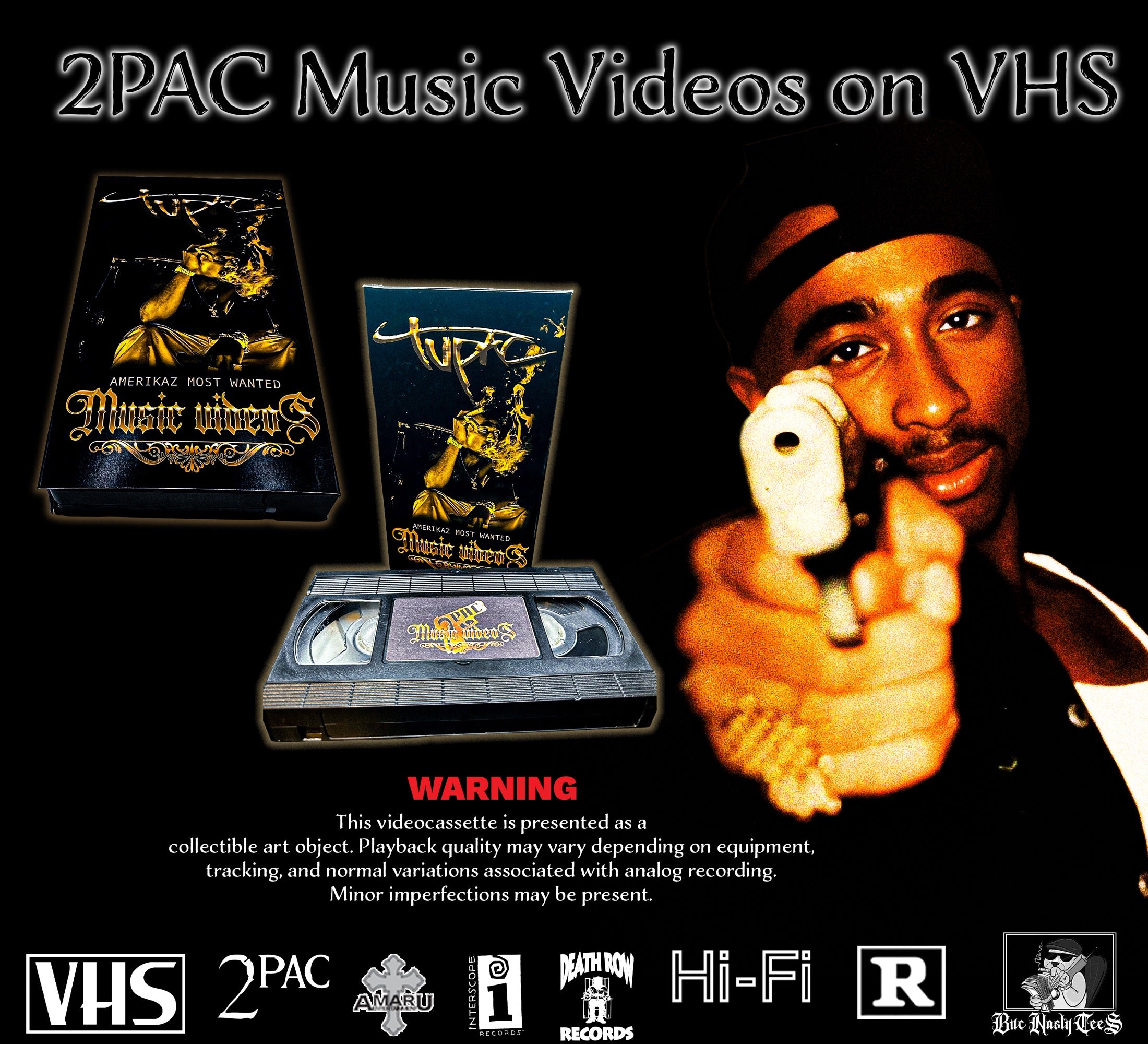 2Pac music videos on VHS with cassette, cover artwork, and Tupac portrait